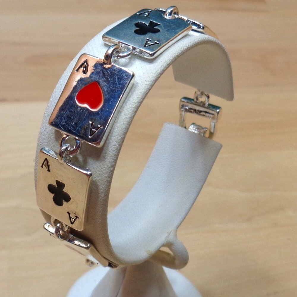 RHODIUM ACE OF CLUBS AND HEARTS POKER PLAYING CARDS MAGNETIC CLASP BRACELET